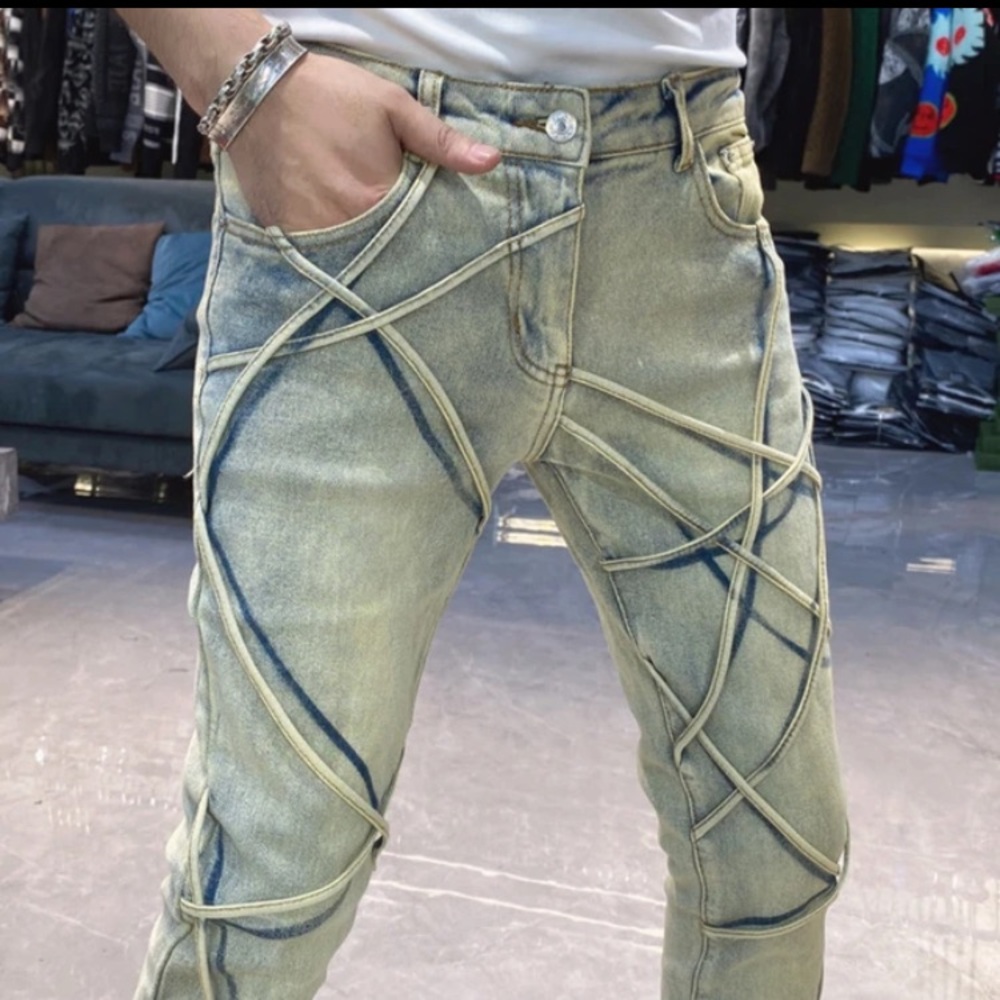 Mens D’andijieshen Criss Cross Detail Skinny Streetwear Jeans
